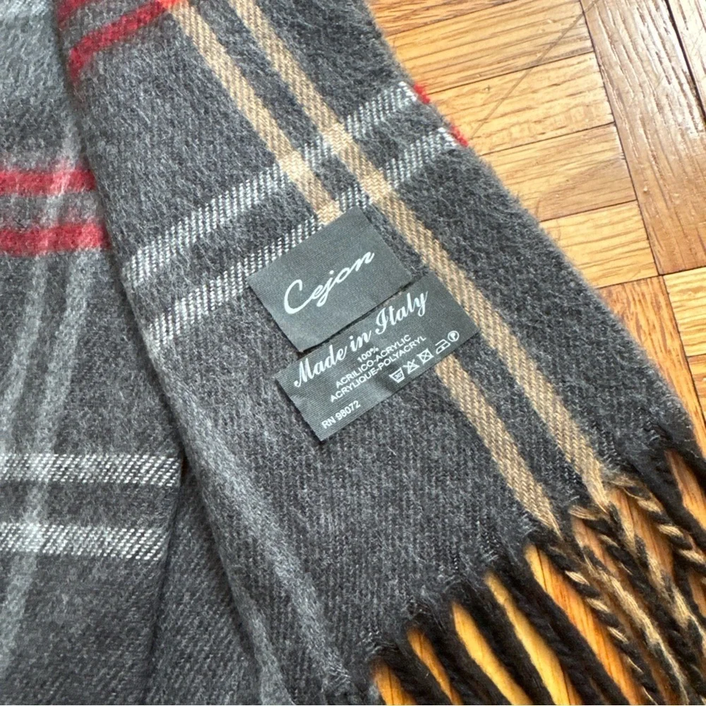 🔴 Cejon Italian Scarf Soft Acrylic‎ Gray Red Plaid Fringe 11x64 Made In Italy